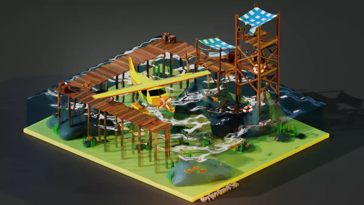 Stylized Seaplane And Sea Shack Low-poly 3D model