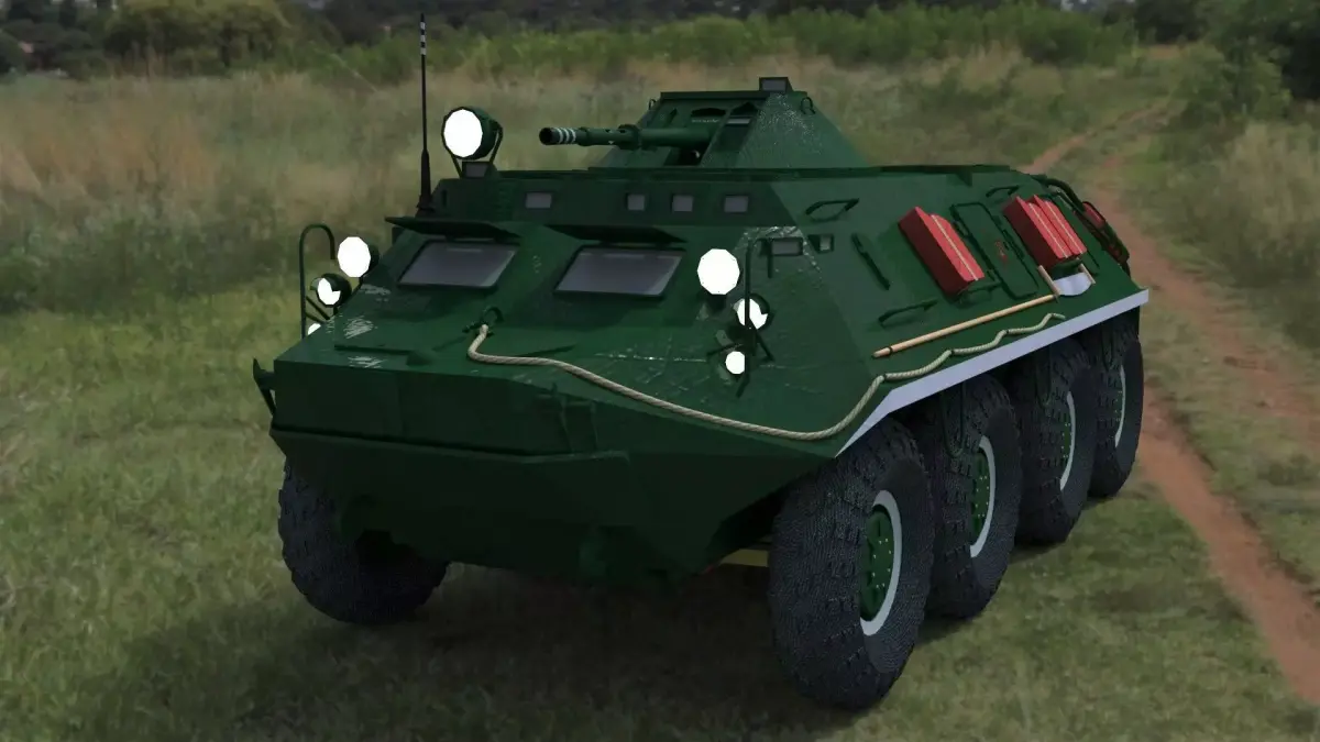 BTR-60 high-poly armored vehicle on grassy field 3D model