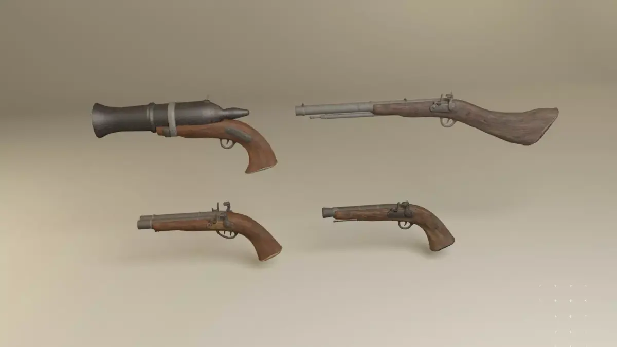 Flintlock pirate guns and shotguns and hand cannons collection Low-poly 3D model