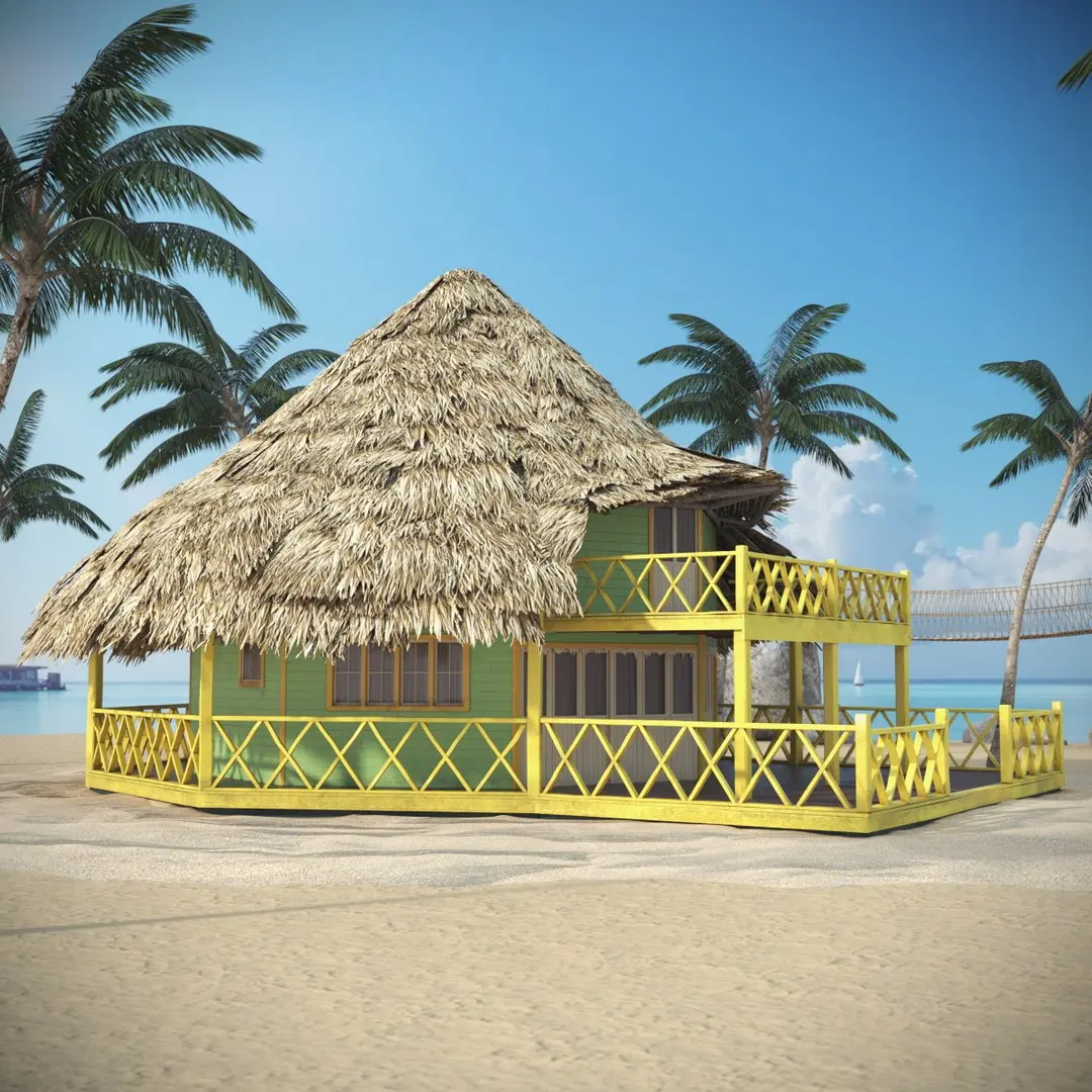 Beach Bungalow with Thatched Roof and Porch on Sand 3D model