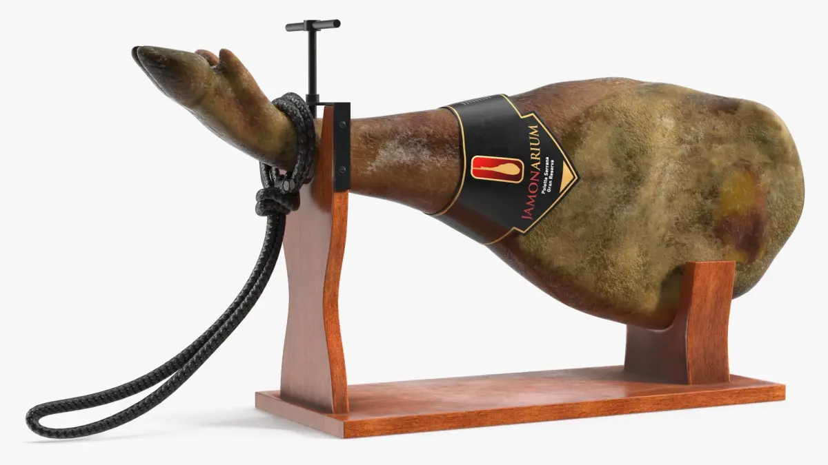 Iberico Ham Leg on Wooden Carving Stand 3D model