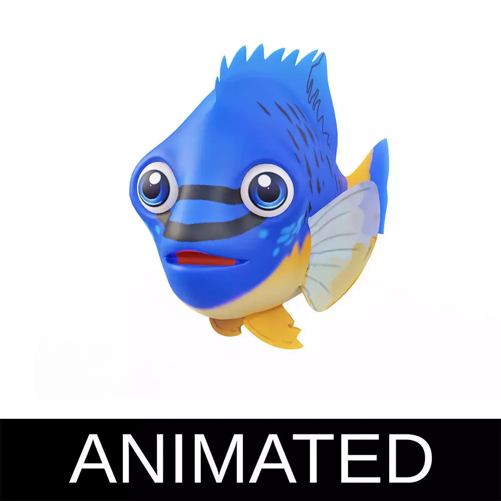 Blue Damsel Fish Cartoon Animated Low-poly 3D model
