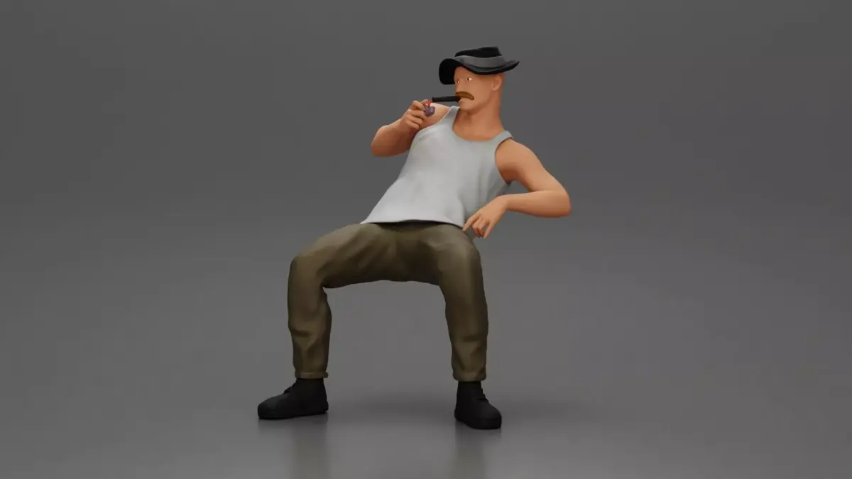 Man in hat smoking pipe leaning back with cool style 3D print model