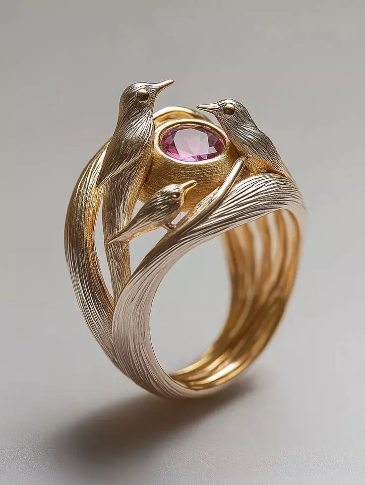 Luxury Bird Nest Ring 3D Pink Gem Gold Feather Texture Low-poly 3D model