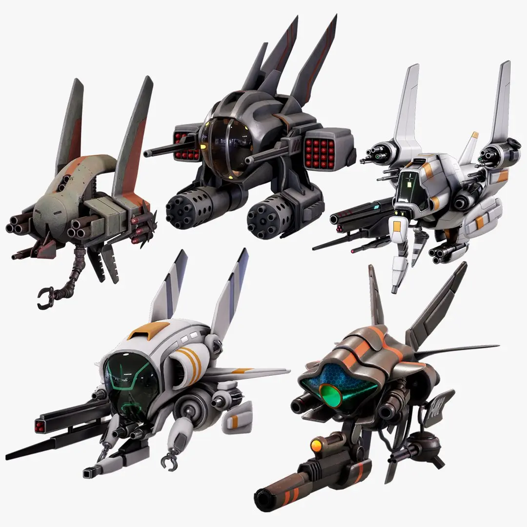 Sci-Fi Drones Low Poly Futuristic Package 5 Items 3D model