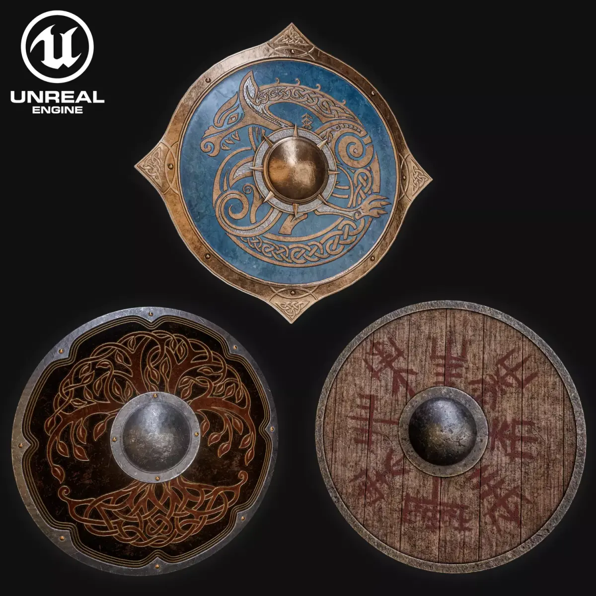 Viking Shields Low Poly Unreal Engine ready AC Valhalla Low-poly 3D model