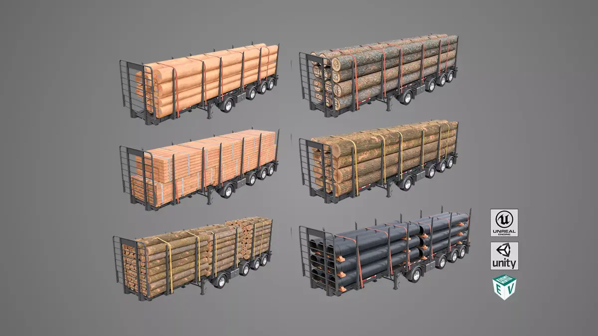 Logging Trailer Black with 6 Loads single Mat All PBR Textures Low-poly 3D model