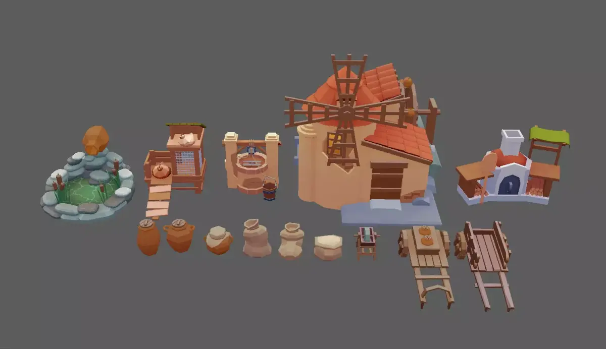 Stylized Windmill Yard Pack Low-poly 3D model
