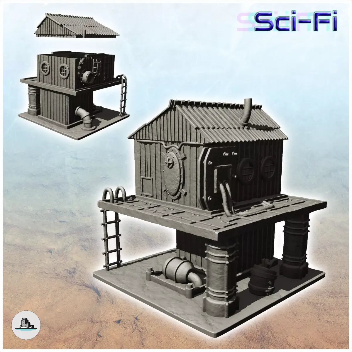 Post-apocalyptic building on two levels with supply pipes -4- 3D print model