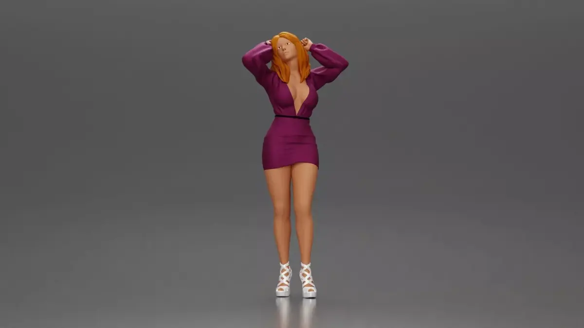Confident woman in purple dress and white heels striking pose 3D print model