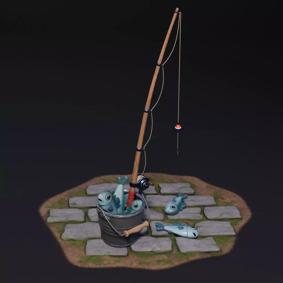 Fishing Equipment - Fishing Rod - Metal Bucket - Stylized PBR  Low-poly 3D model