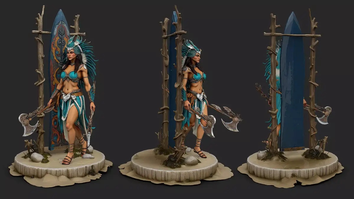 Native american warrior woman with axe high poly resolution 3D model