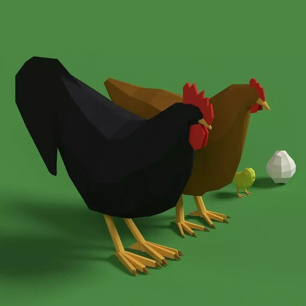 Low Poly Rooster Hen Chicken Egg Set Low-poly 3D model