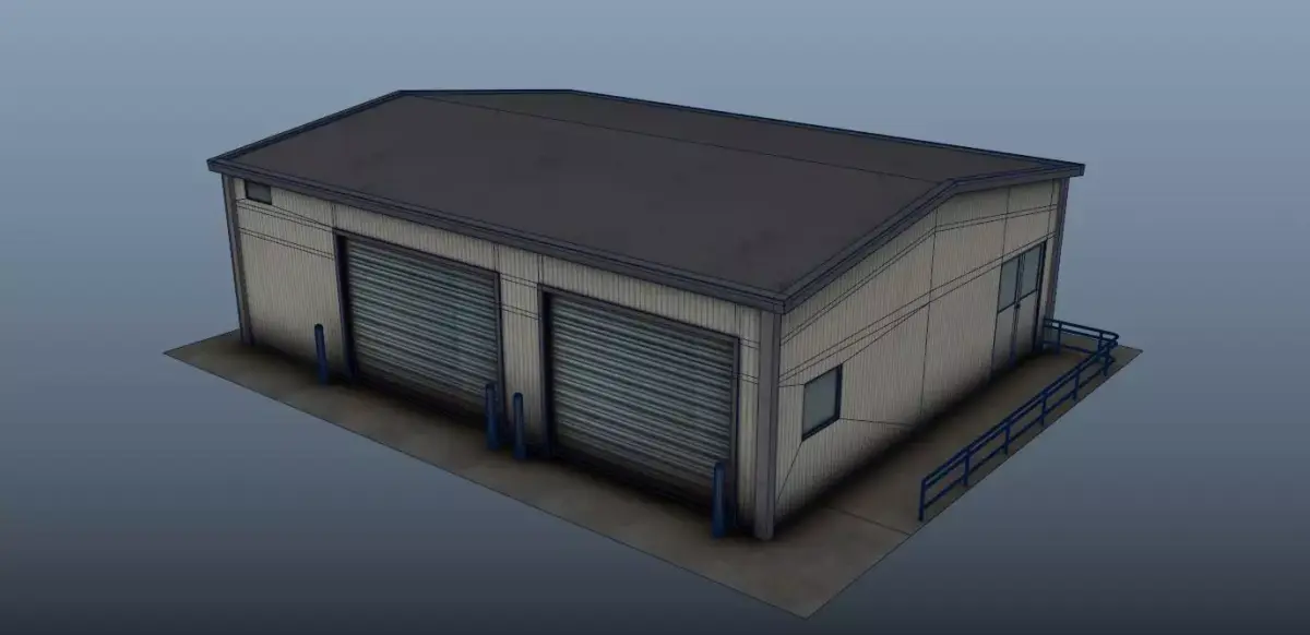 Warehouse low poly industrial building with garage Free low-poly 3D model