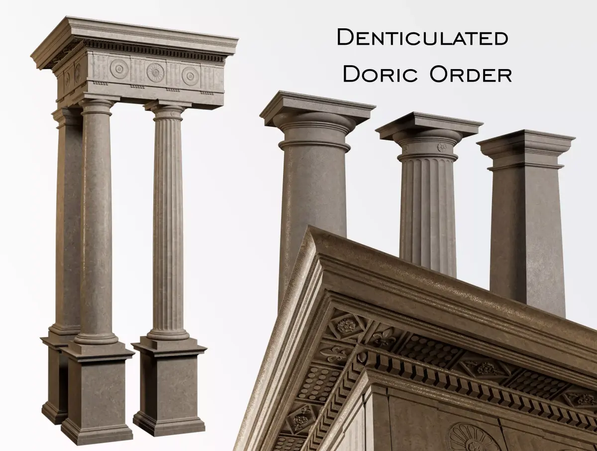 Denticulated Doric Order  Column pedestal and entablature 3D model