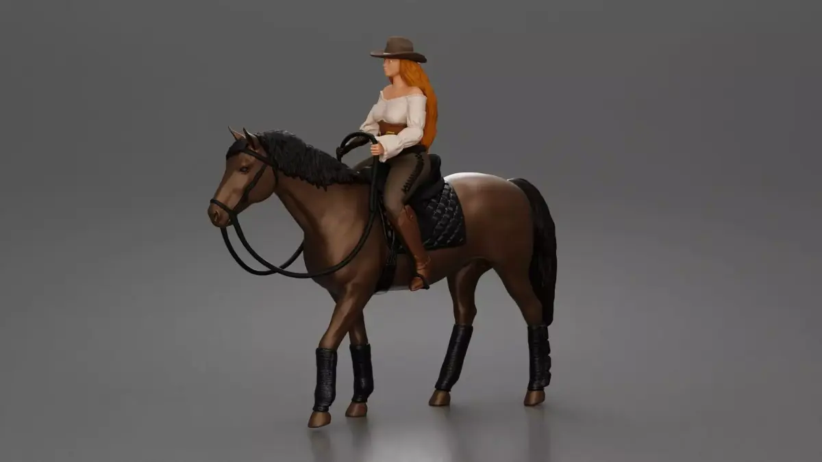 Cowgirl riding calmly on horse enjoying a peaceful countryside 3D print model