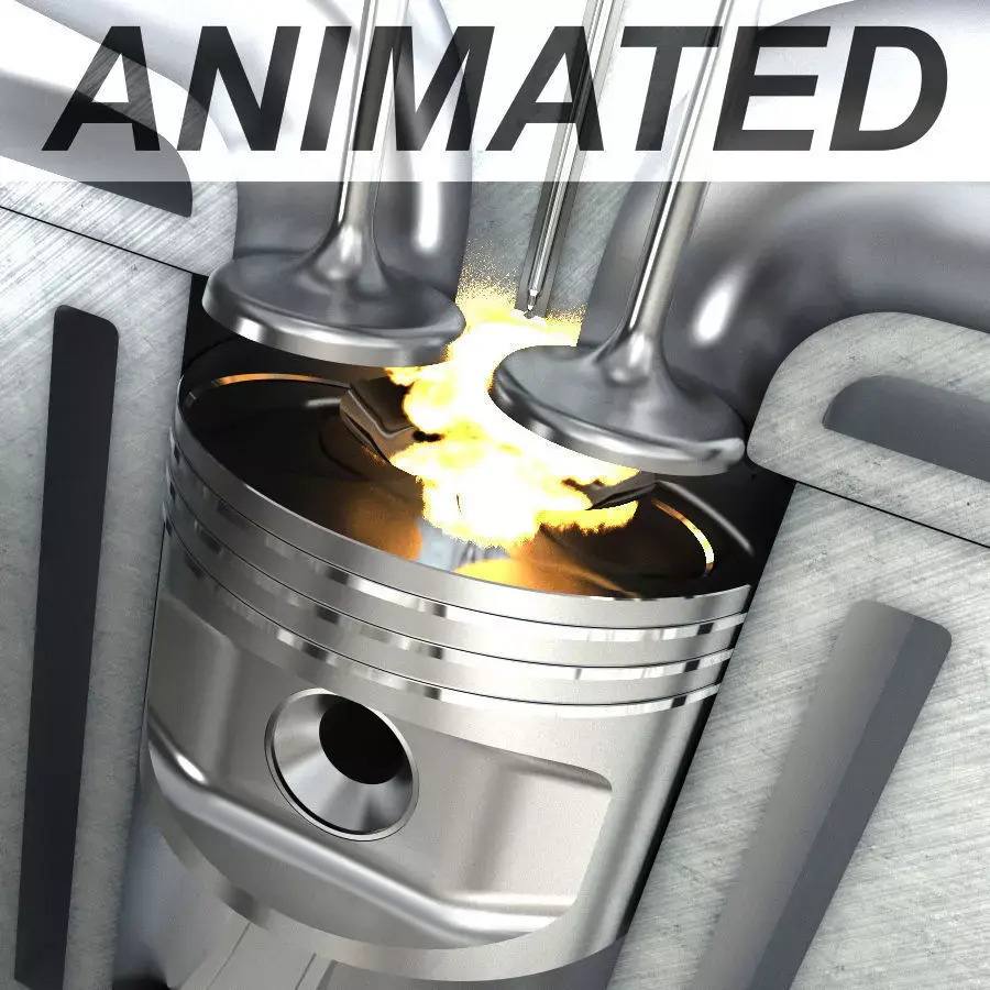 Engine cylinder with piston and valves animated 3D model