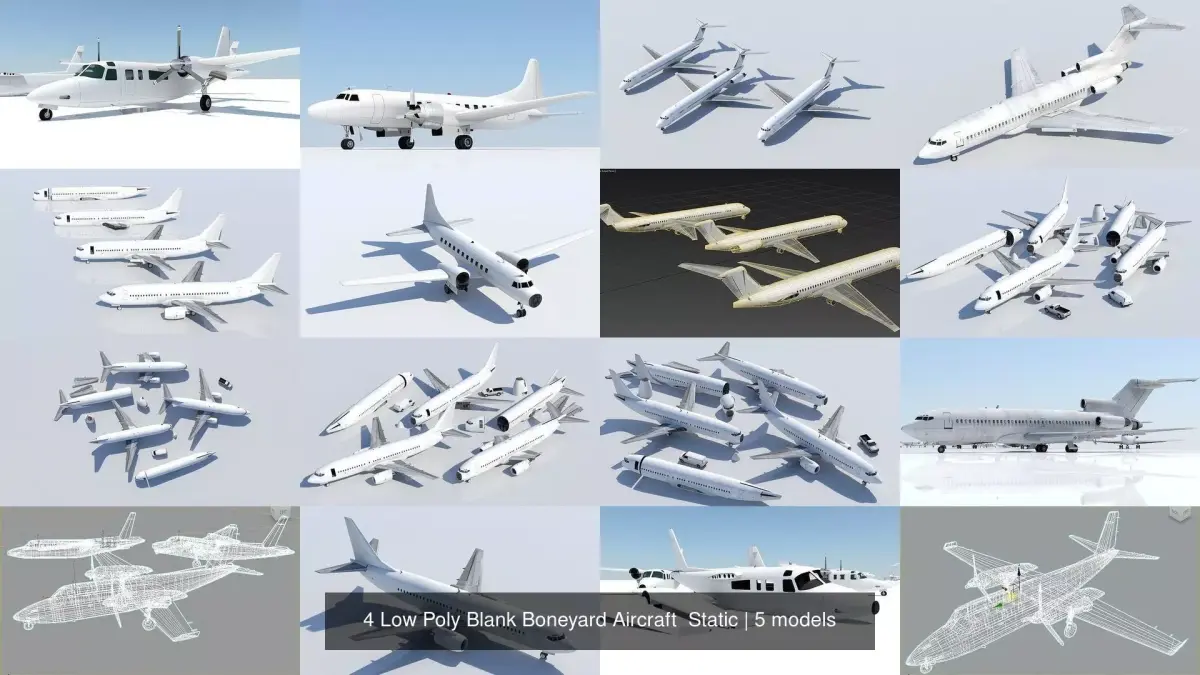 5 Low Poly Blank Boneyard Aircraft  Static 3D Model Pack