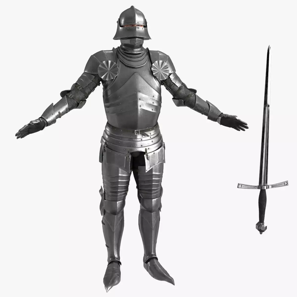 Medieval Knight Gothic Plate Armor Two-Handed Sword T pose Low-poly 3D model