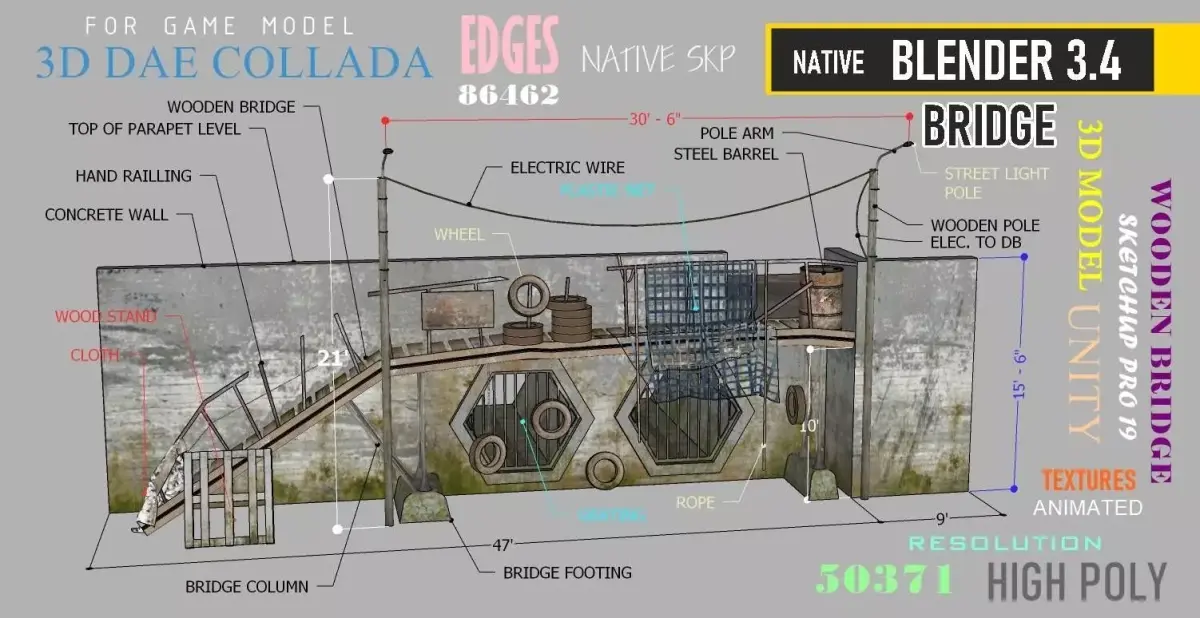 River Bridge 2 Low-poly 3D model