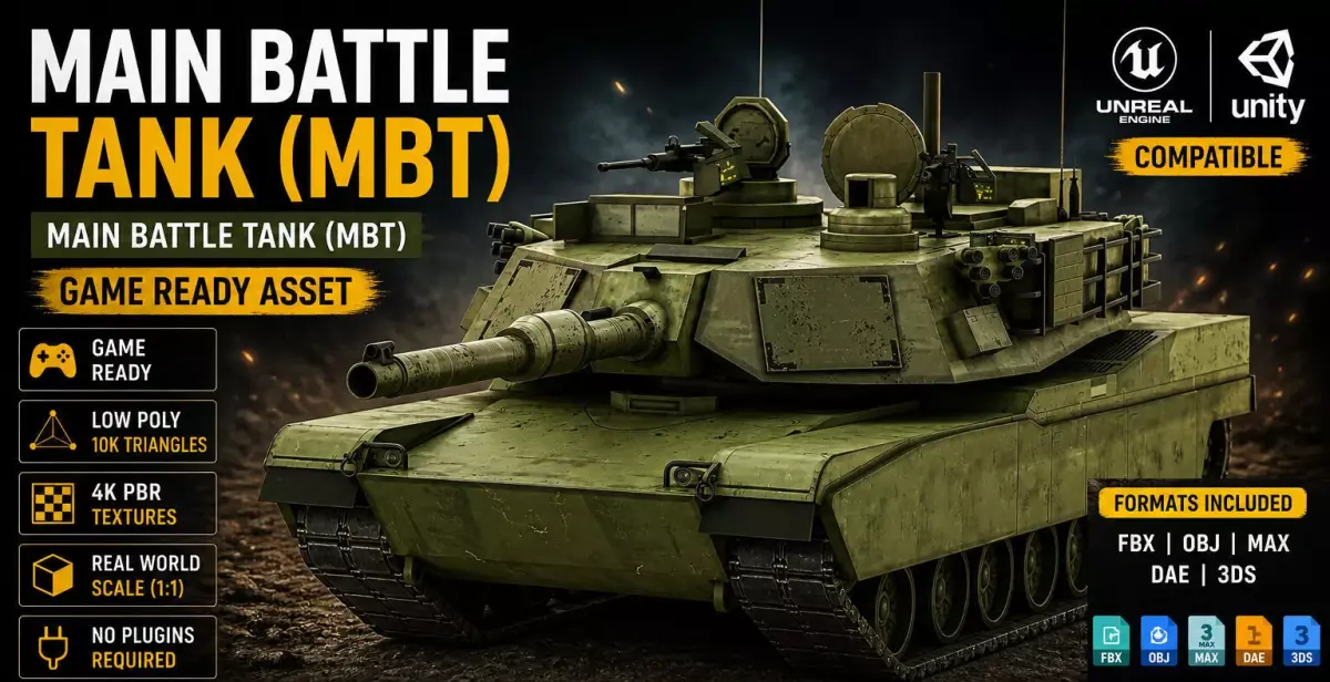  Main Battle Tank MBT Military Vehicle Game Ready A Low-poly 3D model