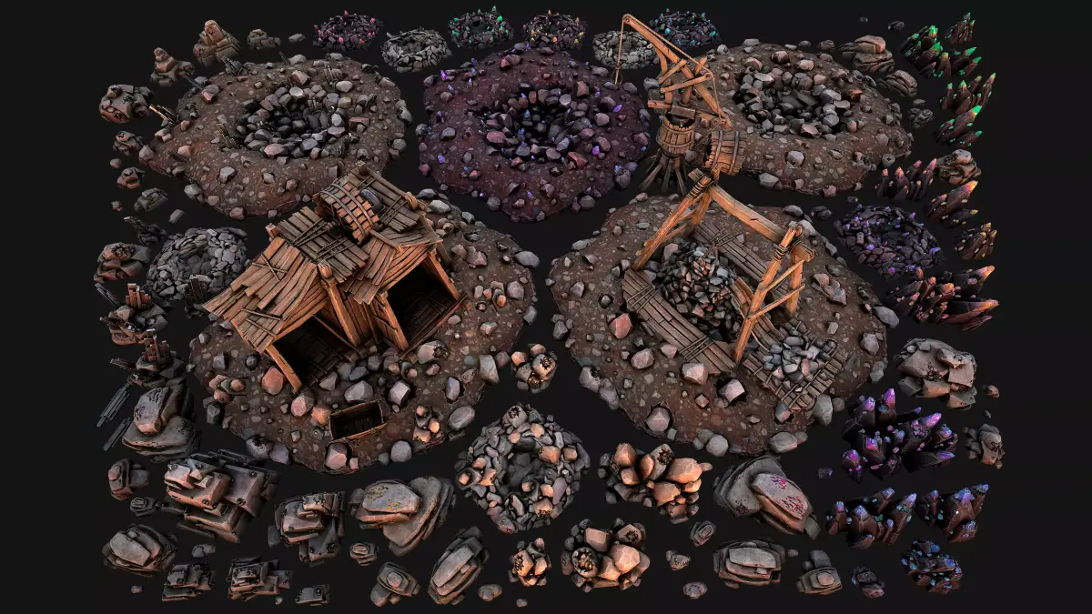 Mine Quarry Crane Industrial Set Crystal Ore Low-poly 3D model