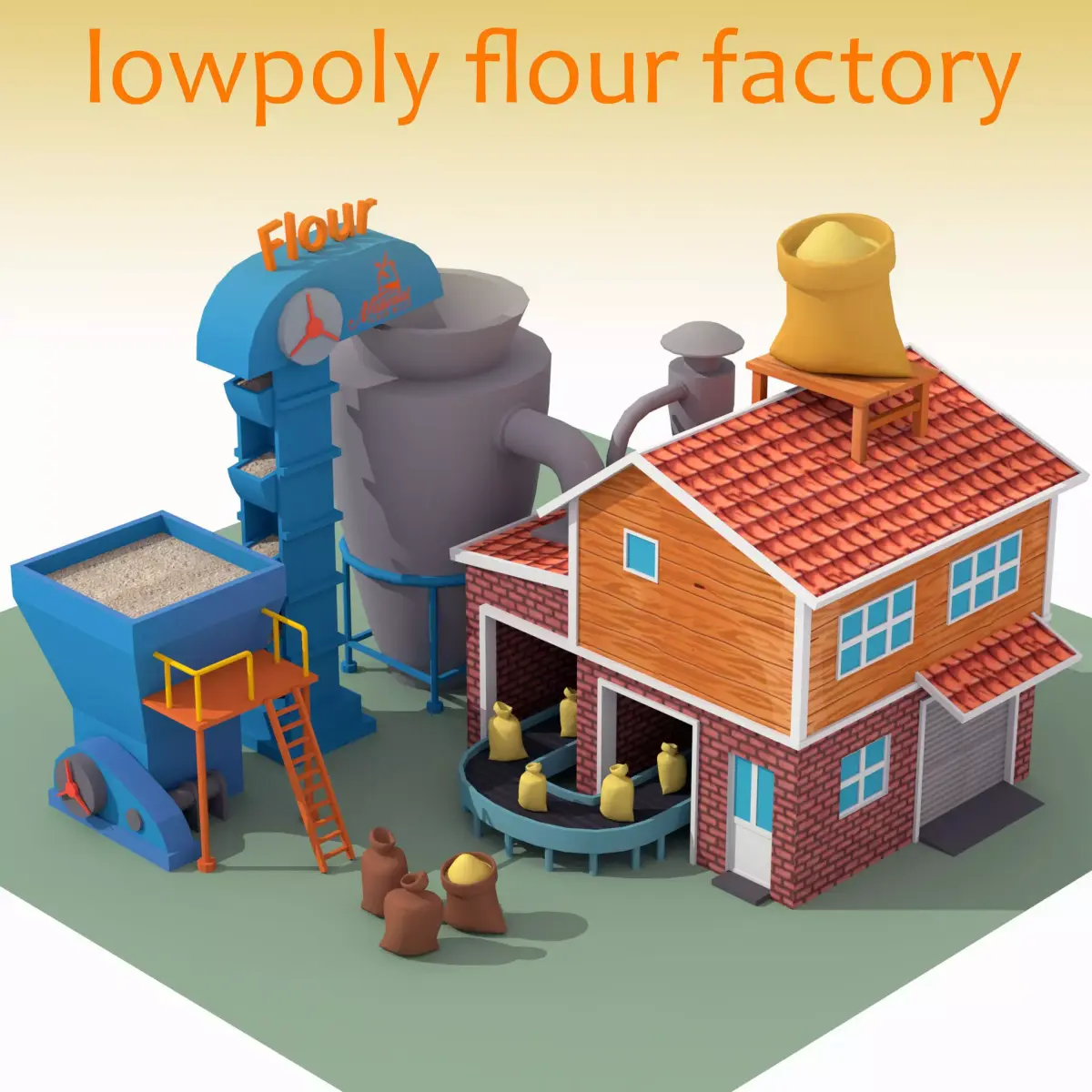 Lowpoly Flour Factory for game Free low-poly 3D model
