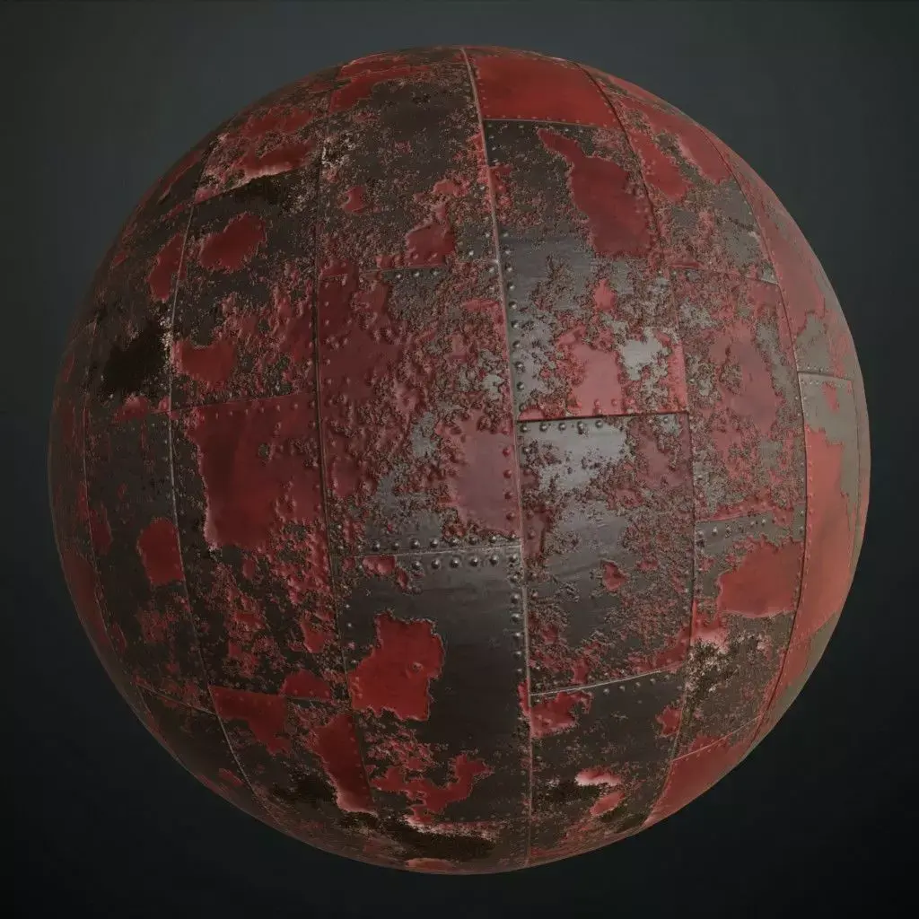 Damaged Red Painted Riveted Metal Plate PBR Seamless Texture