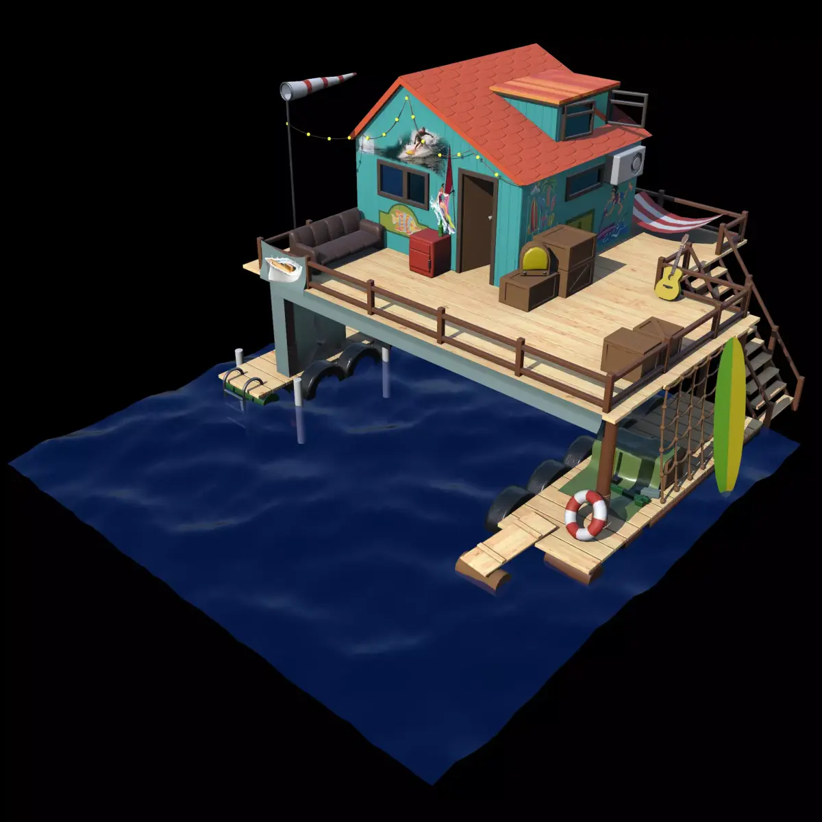 Fishing lodge Low-poly 3D model