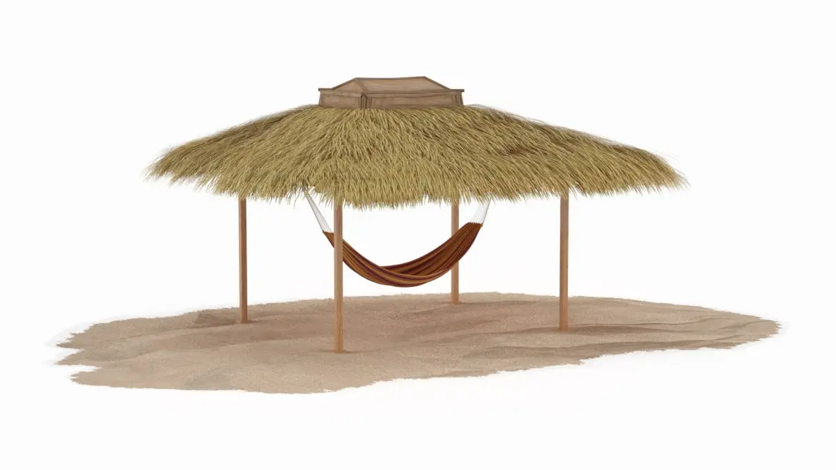 Hammock Canopy with Wooden Poles and Grass Roof Brown 3D model