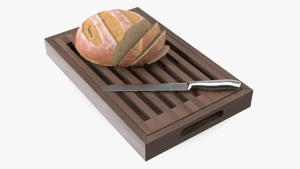 Dark Wood Bread Cutting Board with Knife and Round Loaf 3D model
