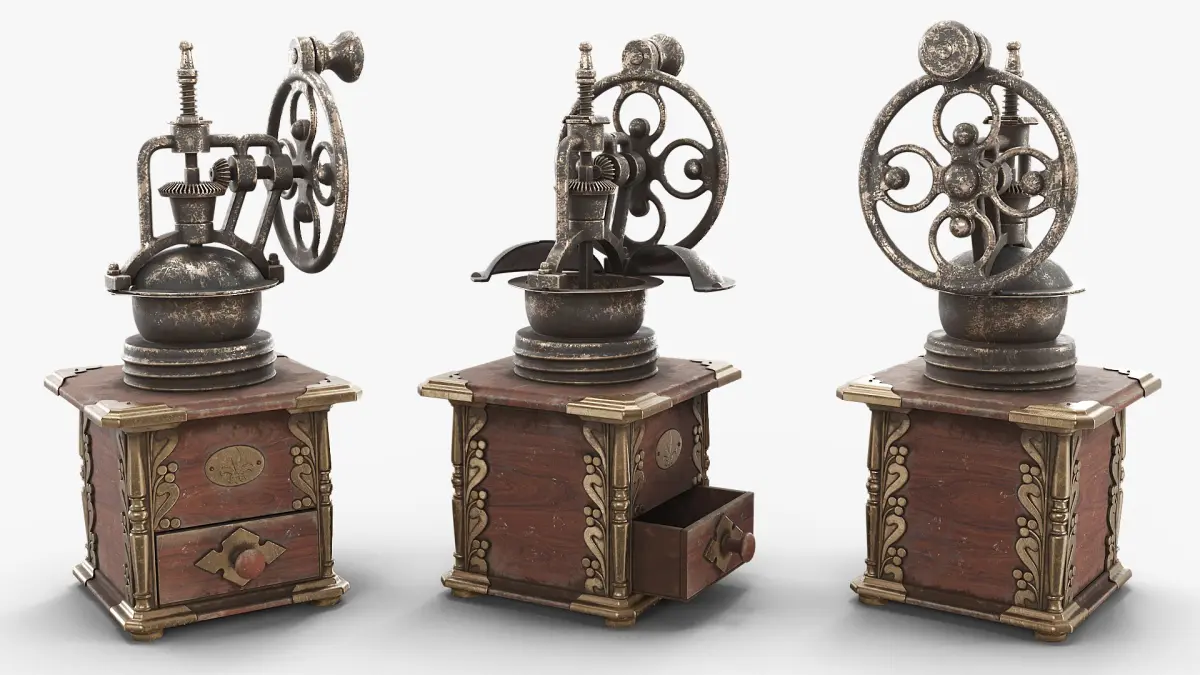 Retro Coffee Grinder with Drawer Rusted Look Brown Used Rigged 3D model
