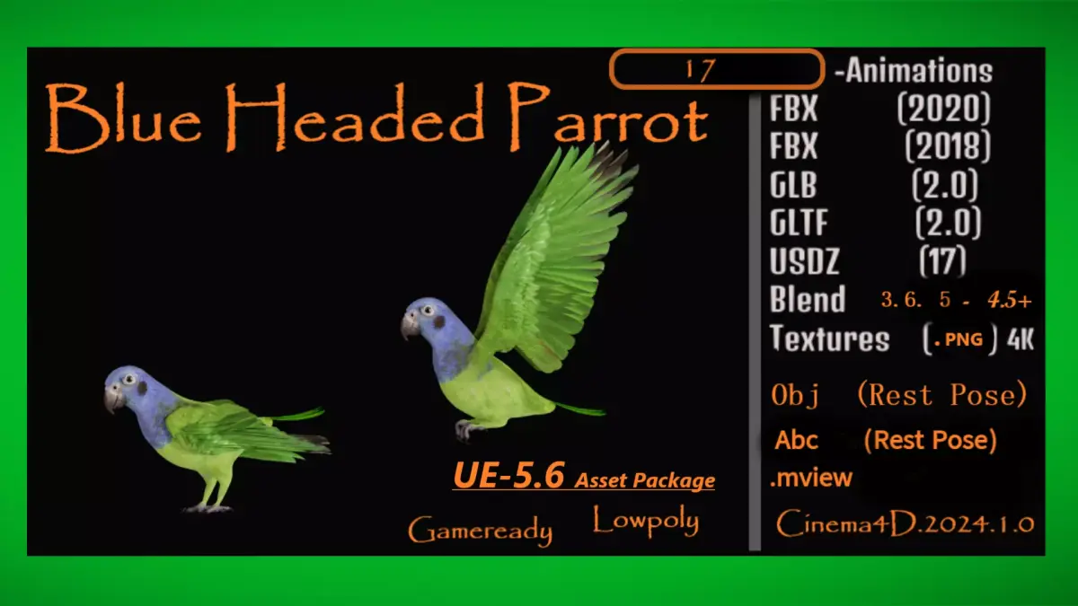 Blue Headed Parrot Low-poly 3D model