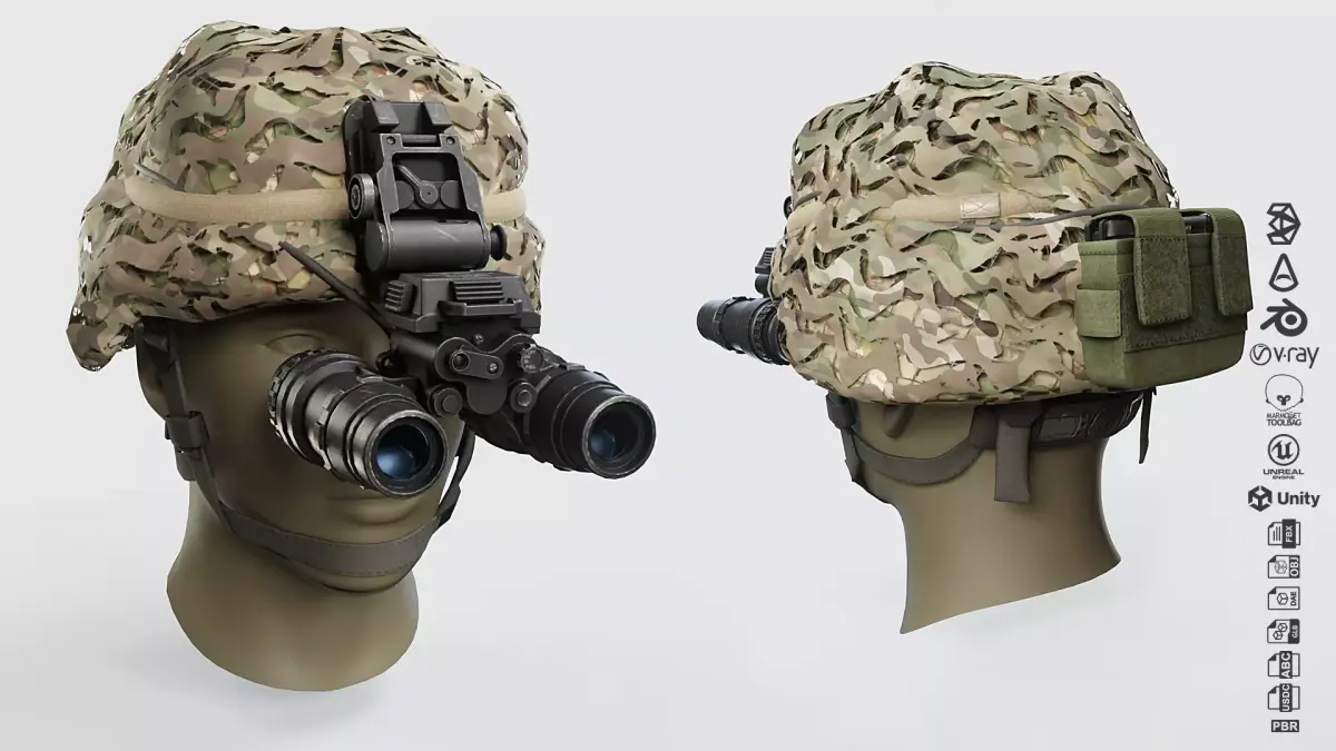  Military Combat Helmet with Night Vision Goggles Low-poly 3D model
