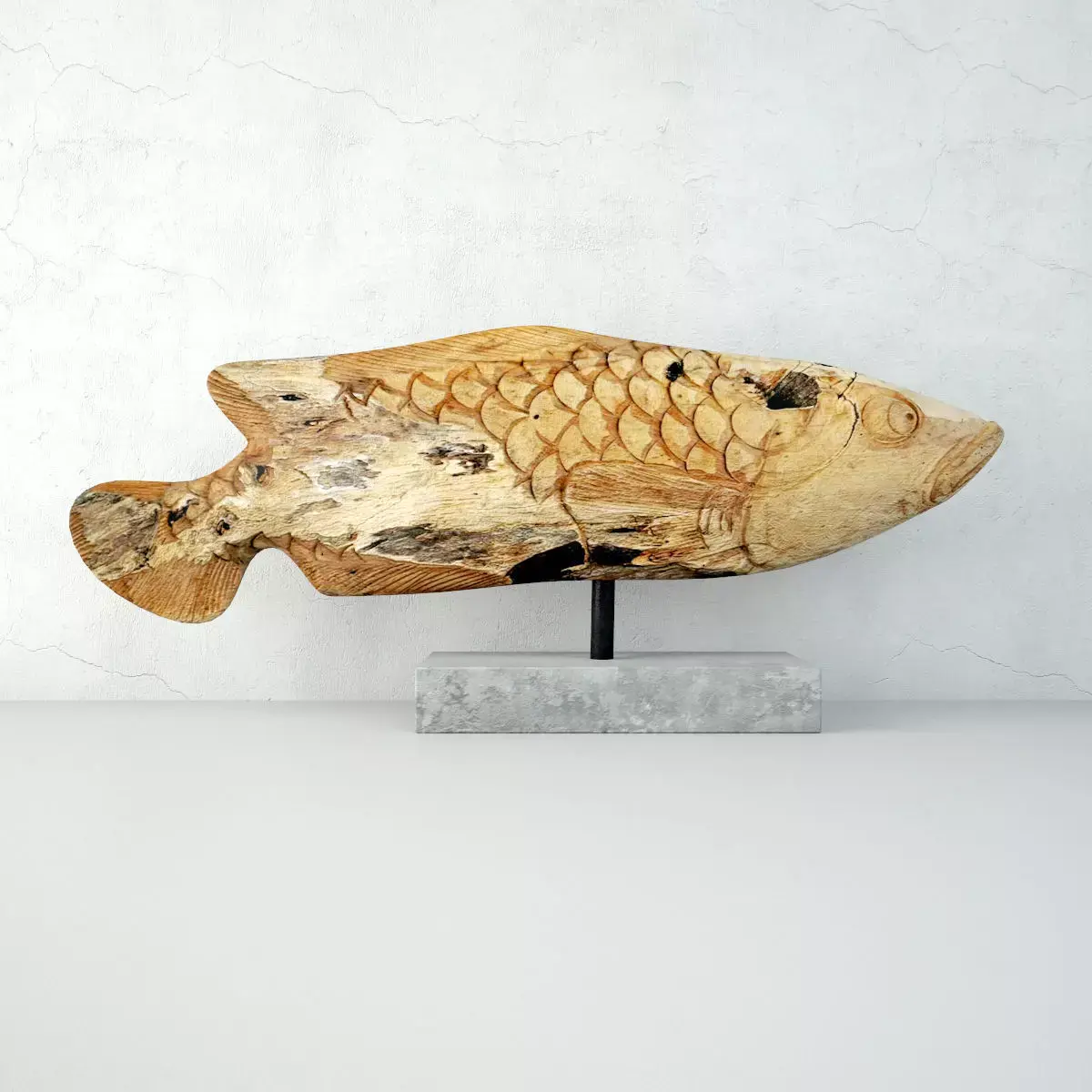 Hand Carved Wooden Fish Sculpture 3D model
