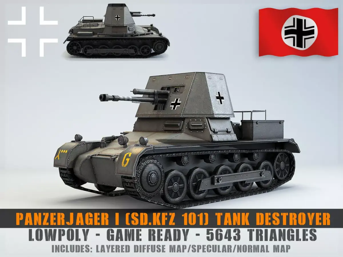 Low Poly  SdKfz 101 PanzerJager I Tank Destroyer Low-poly 3D model
