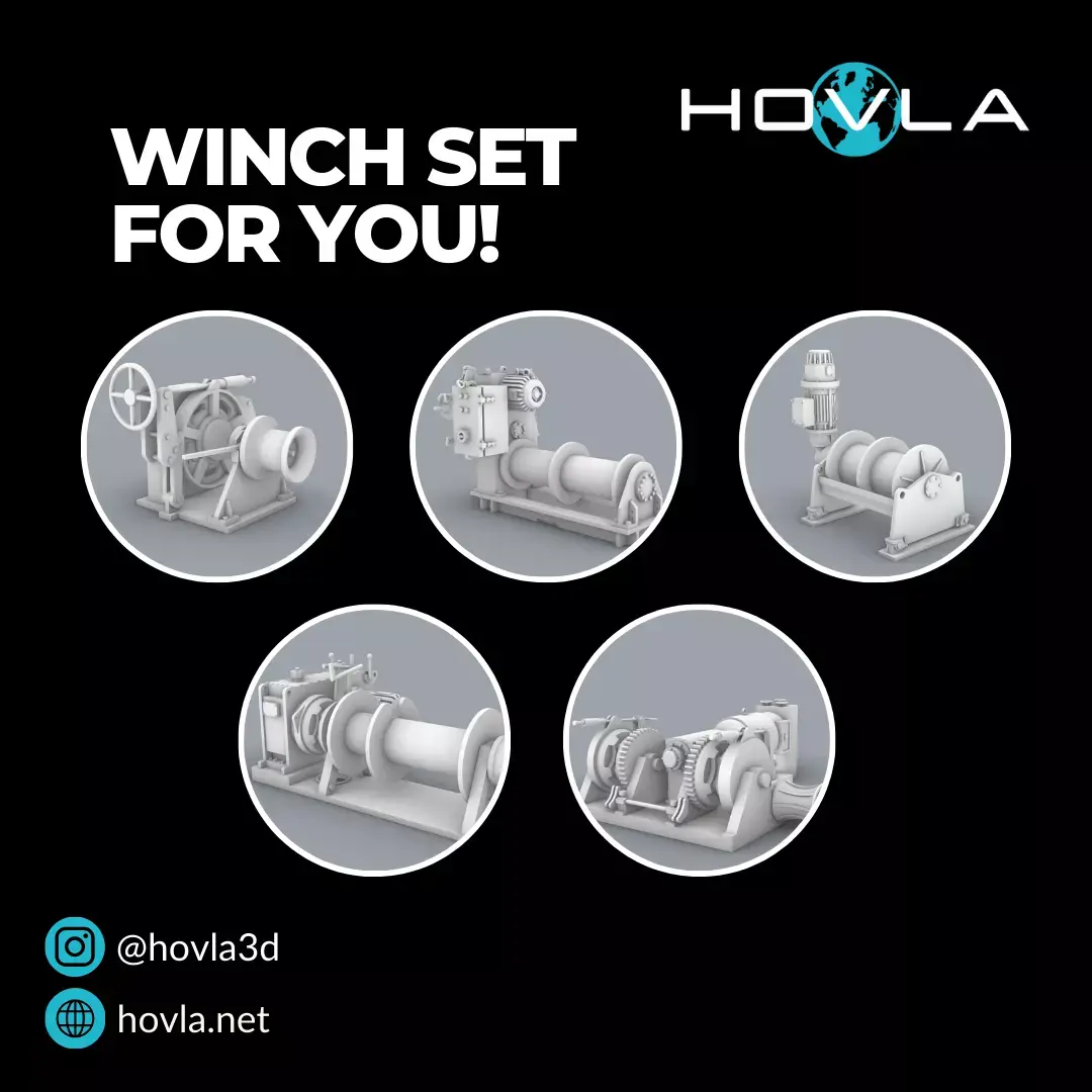 Boat Winches Set - 5 Winch Models Low-poly 3D model