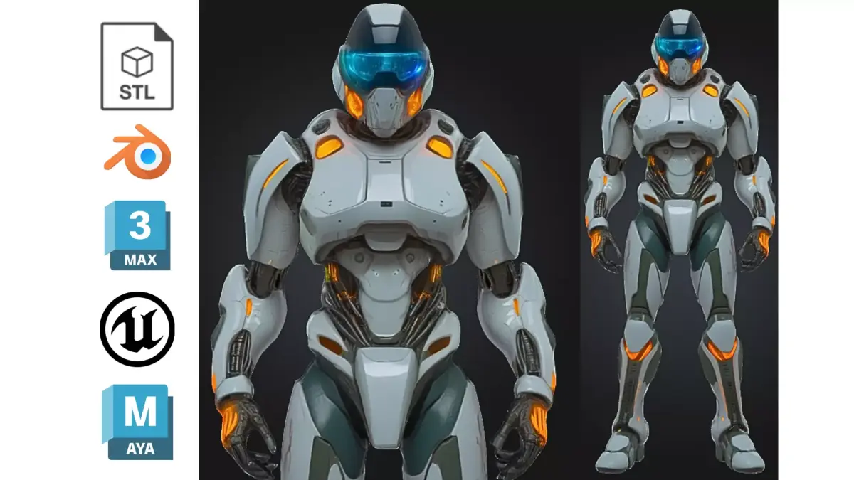 Futuristic White Orange Mech Low-poly 3D model