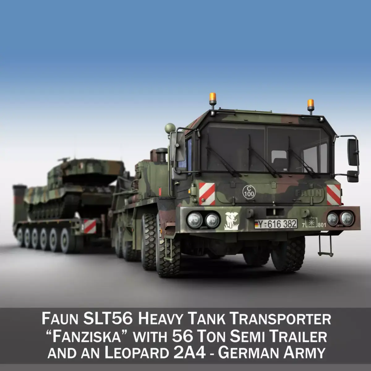 Faun STL-56 with 52 ton Semi-Trailer and a Leopard 2A4 3D model