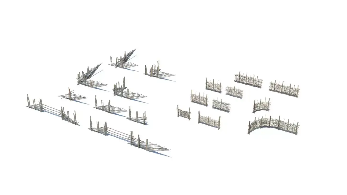Modular medieval wooden fence pack Low-poly 3D model