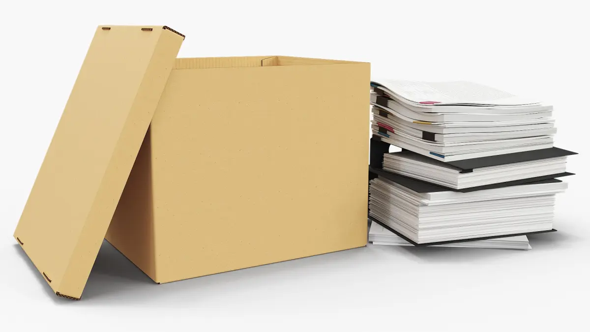 Cardboard Archival Storage Box with Paper Documents 3D model