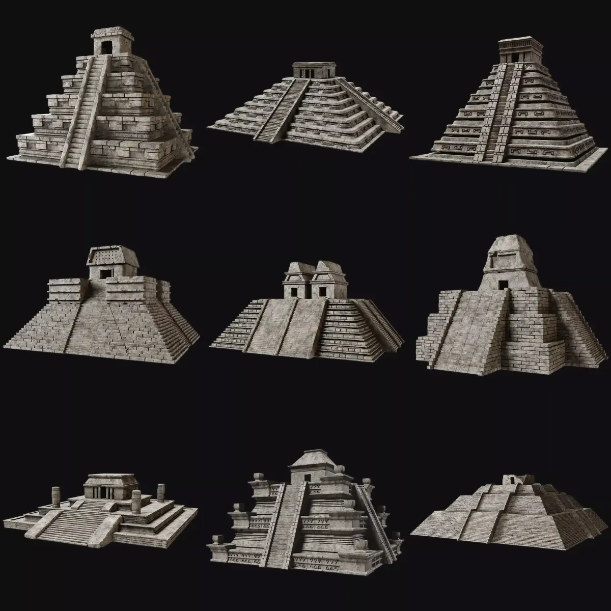 PYRAMID TEMPLE AZTEC MAYAN INCA PLATFORM STAIRS COLLECTION Low-poly 3D model