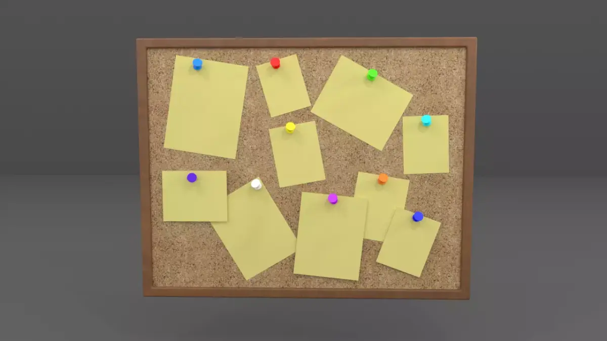 Pinboard bulletin board with sticky notes Low-poly 3D model