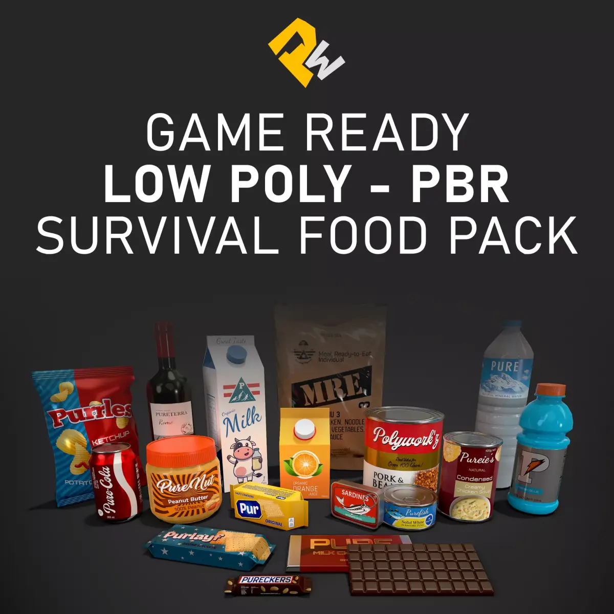Survival Food Pack of 18 Items Low-poly 3D model