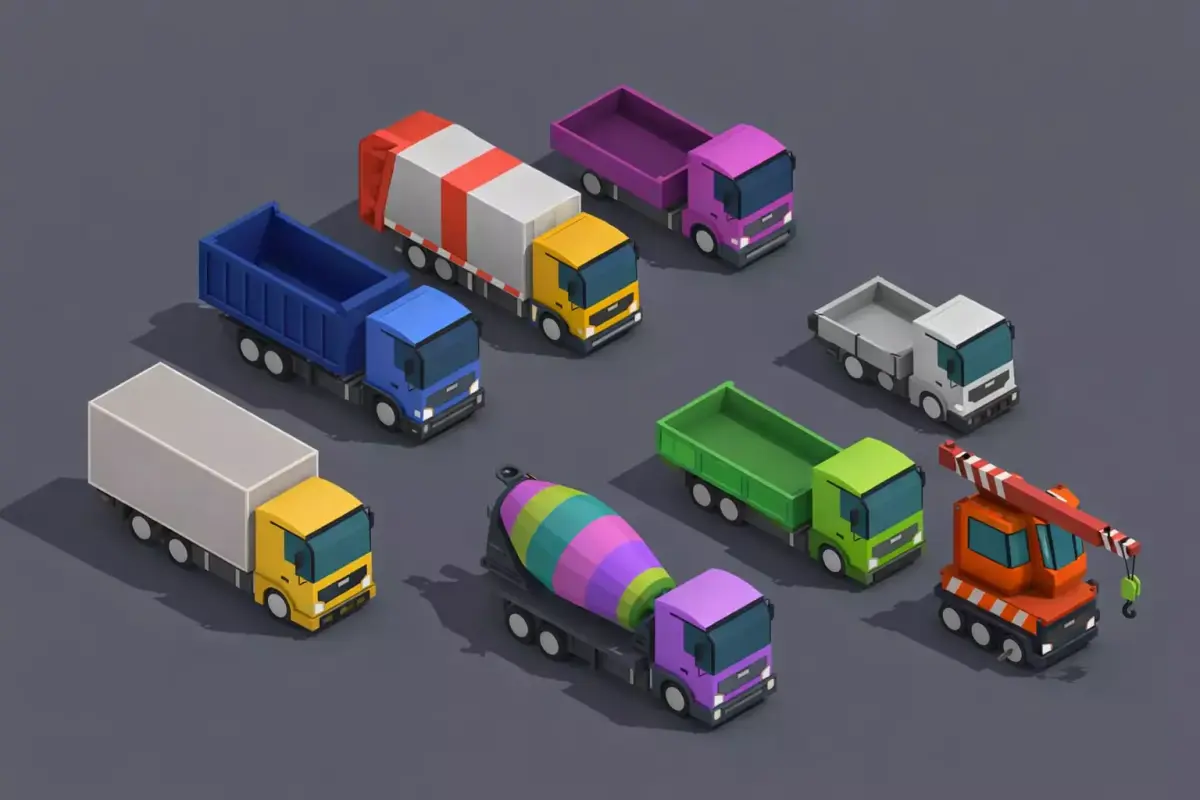 Low Poly Truck Pack 8 Models Optimized Transport Vehicle Set Low-poly 3D model