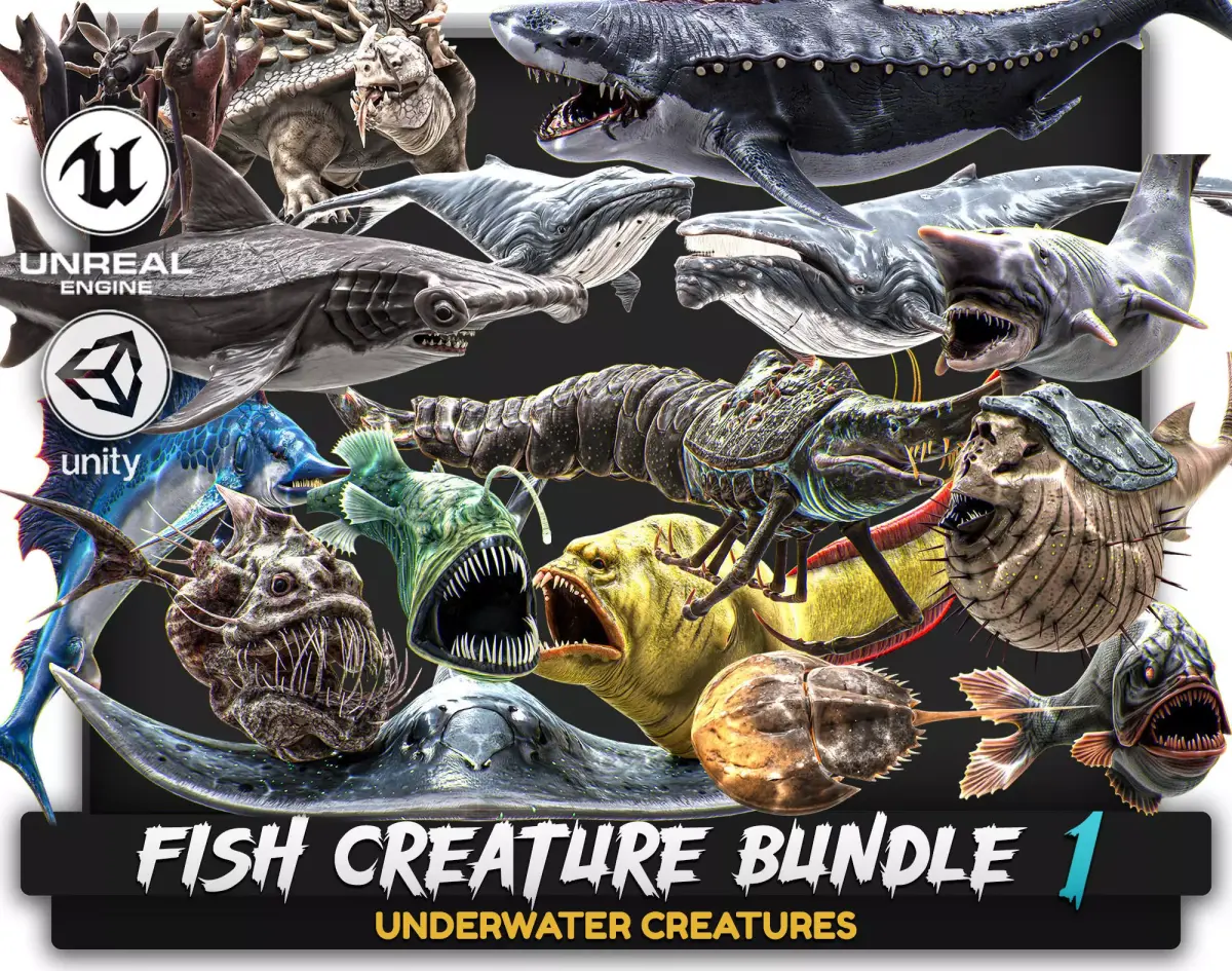 15 In 1 Bundle - Underwater Creature Fish Low-poly 3D model