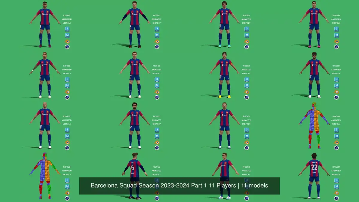 Barcelona Squad Season 2023-2024 Part 1 11 Players 3D Model Pack