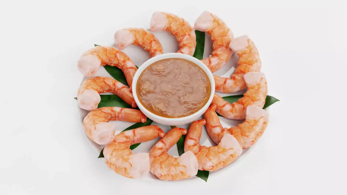 Shrimps on Plate with Sauce - Realistic Seafood Arrangement 3D model