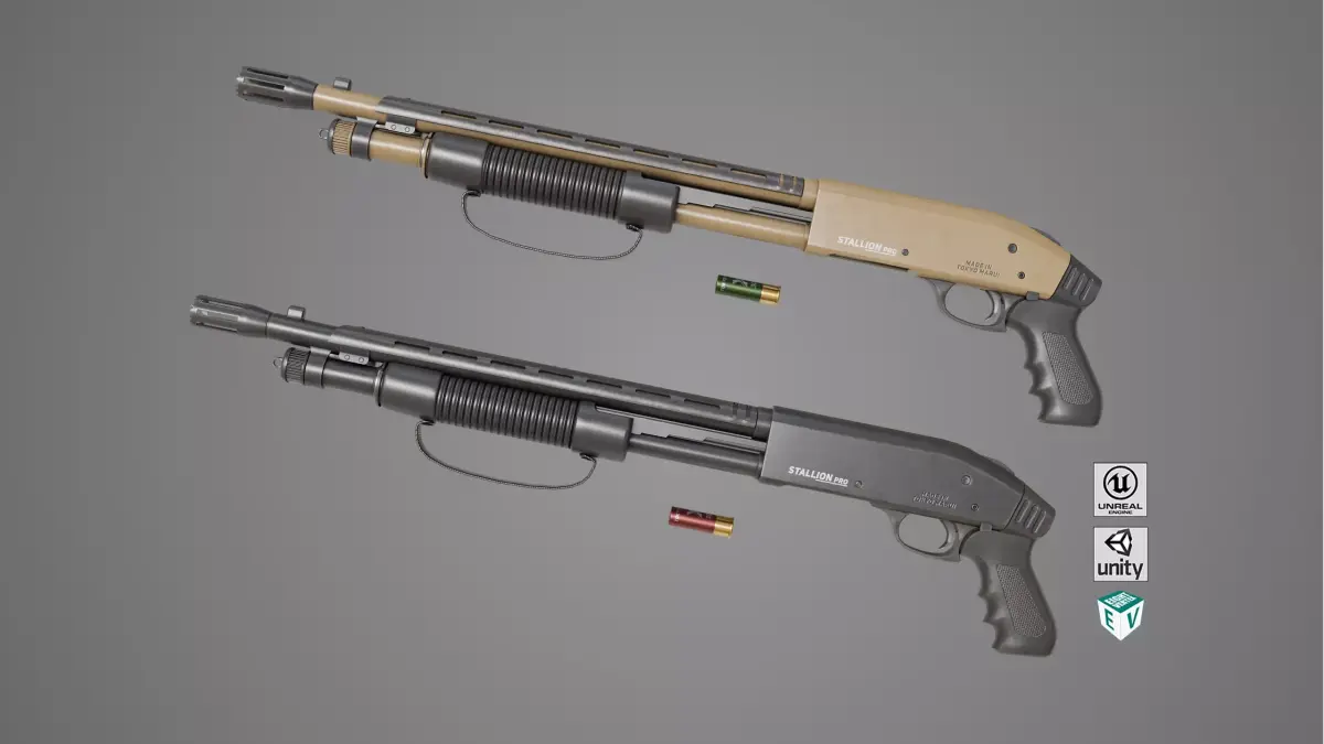 Small Shotgun 02 Black and Sandal Single Mat PBR Textures Low-poly 3D model