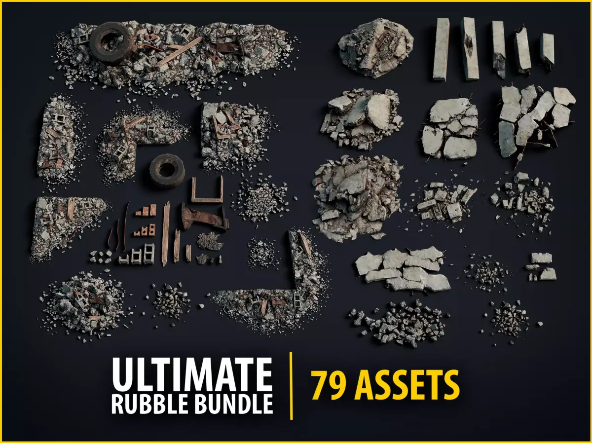 Concrete and Rubble Debris Bundle - 79 Assets PBR Game Ready 3D Model Pack